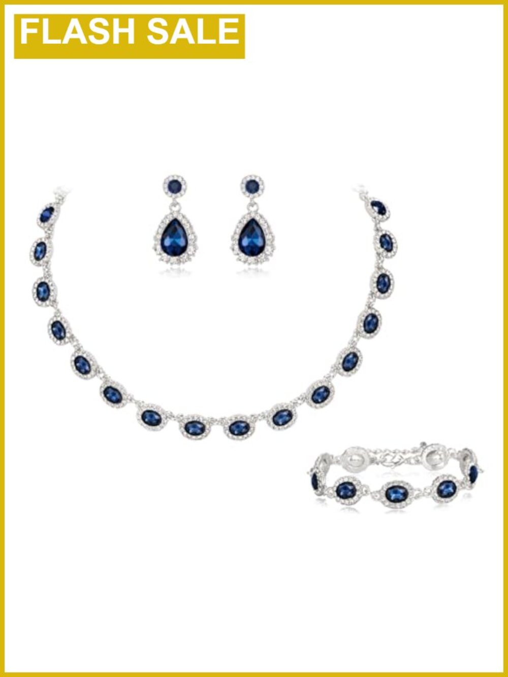 Crystal Rhinestone Wedding Jewelry Set Necklace Earrings Bracelet Oval Pear